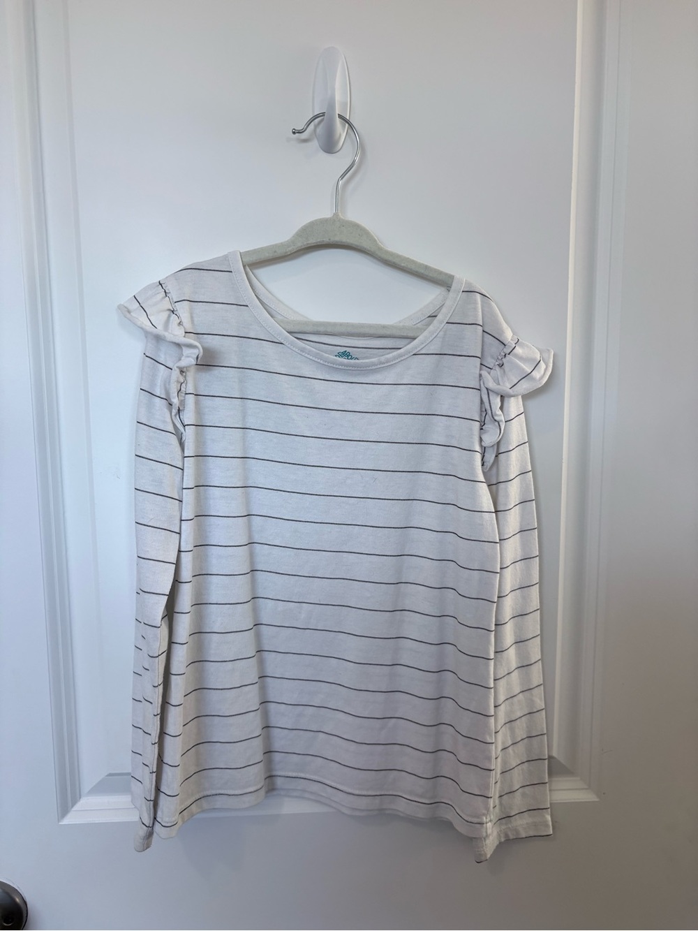 3/$10 - Girls' White Striped Long Sleeve Top with Ruffle Shoulders